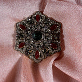 Art Deco Brooch | Green Crystal Red Enamel Rhinestone Gold Tone Pin
