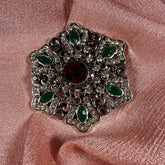 Art Deco Brooch | Red Crystal Green Enamel Rhinestone Silver Tone Pin
