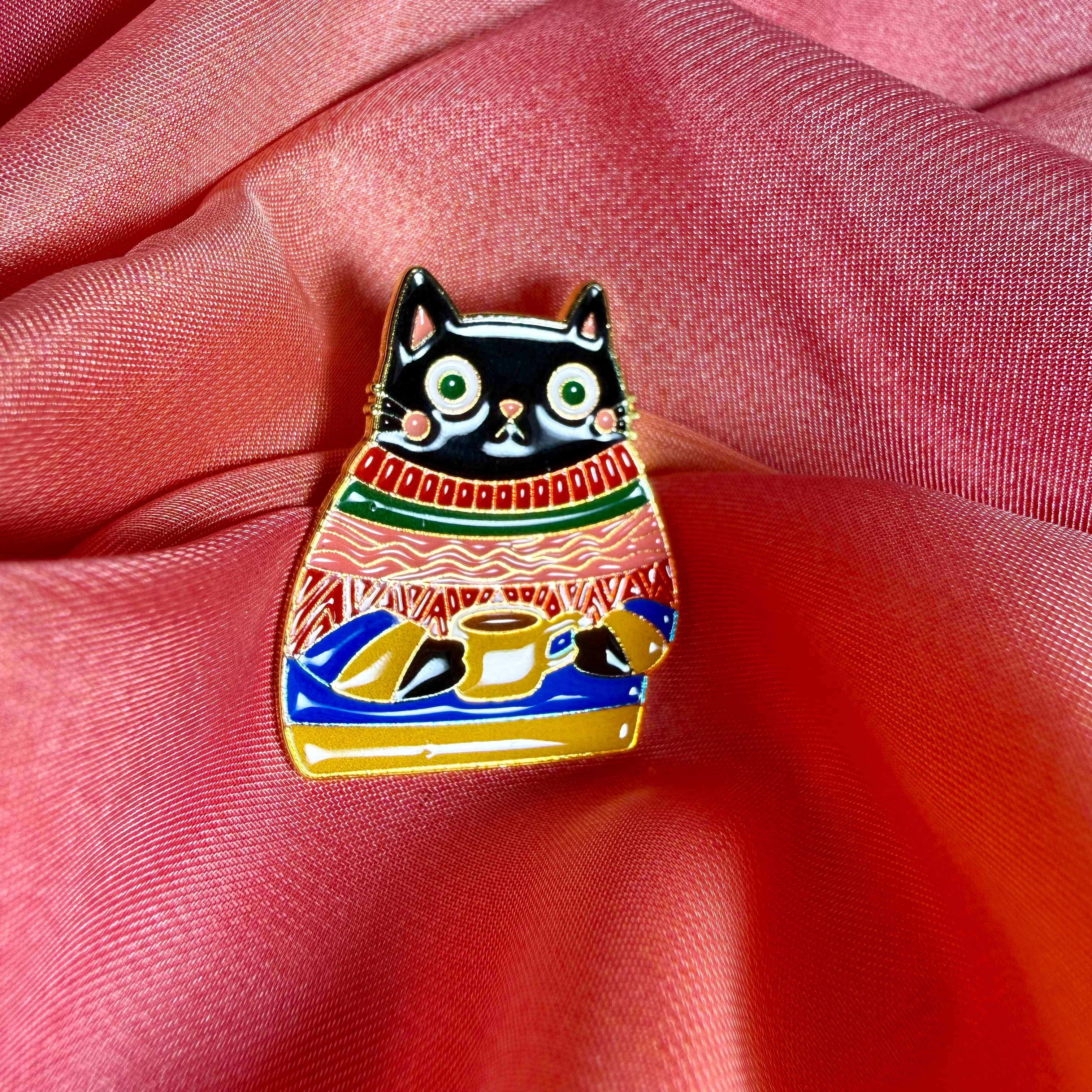 Cosy Black Cat Enamel Pin Badge | Sweater Cat with Coffee Mug Lapel Pin | Pincredibles