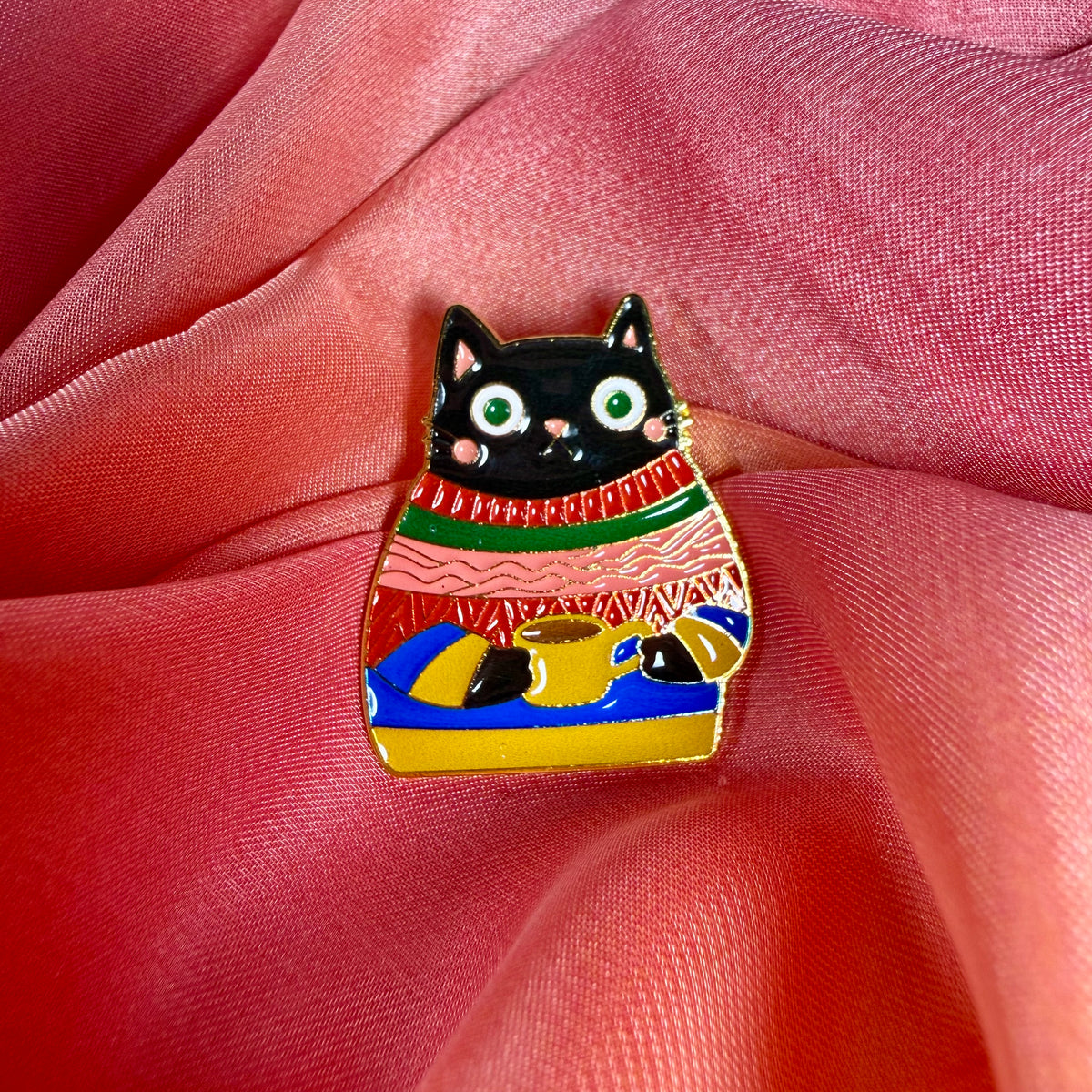 Cosy Black Cat Enamel Pin Badge | Sweater Cat with Coffee Mug Lapel Pin | Pincredibles