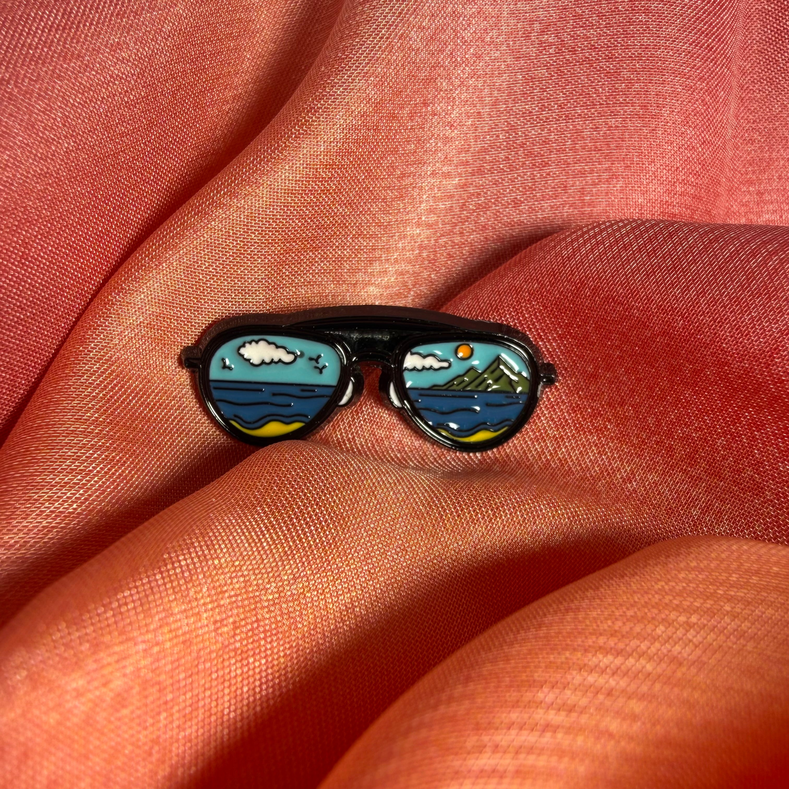Mountain Aviator Sunglasses Enamel Pin Badge | Beach Mountain Scene Lapel Pin | Pincredibles
