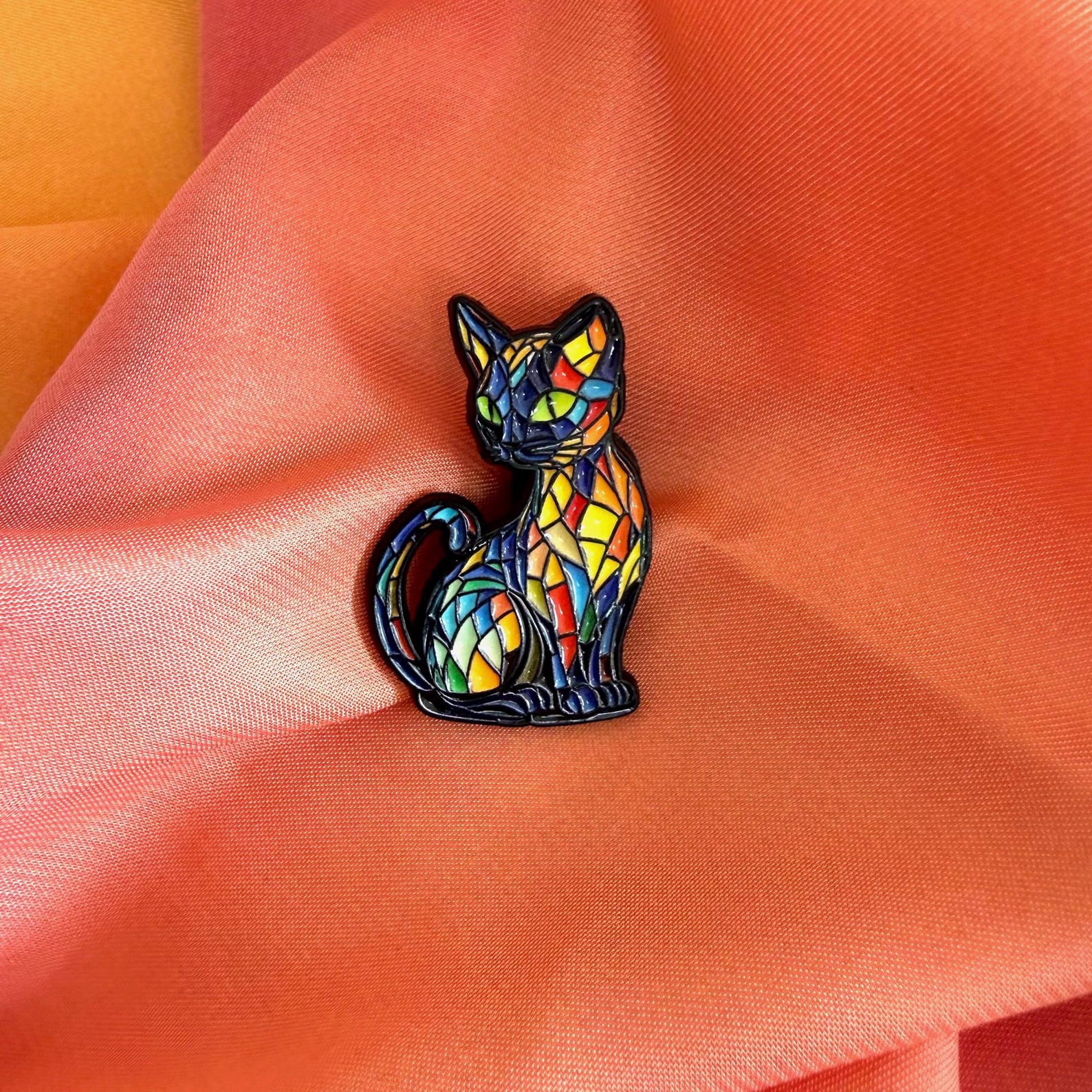 Rainbow Mosaic Cat Enamel Pin Badge | Pincredible