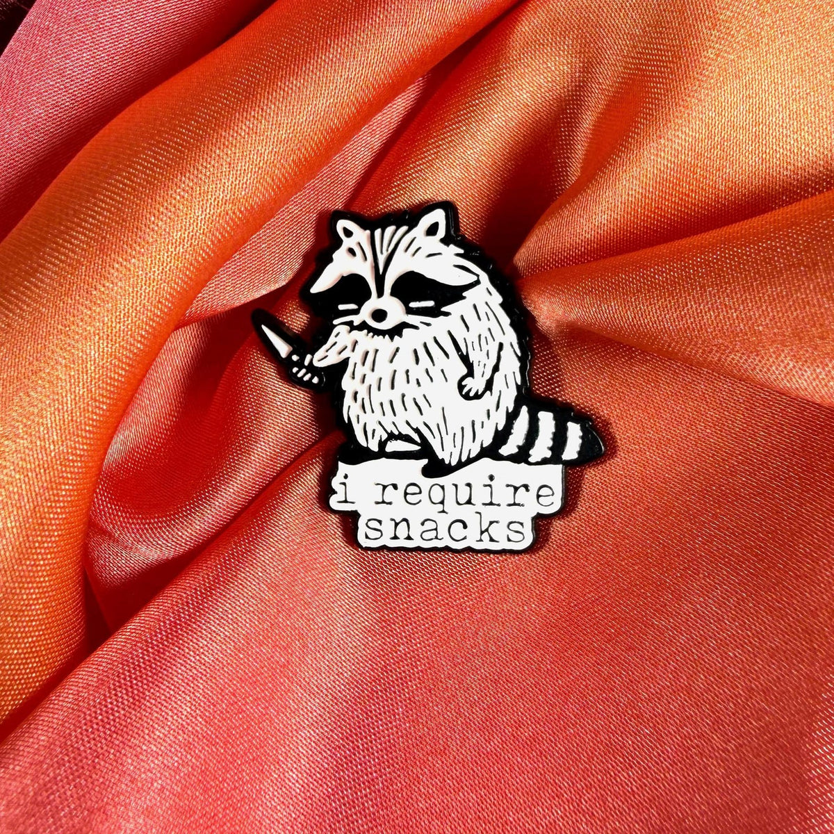 I Require Snacks Raccoon Enamel Pin Badge | Pincredible