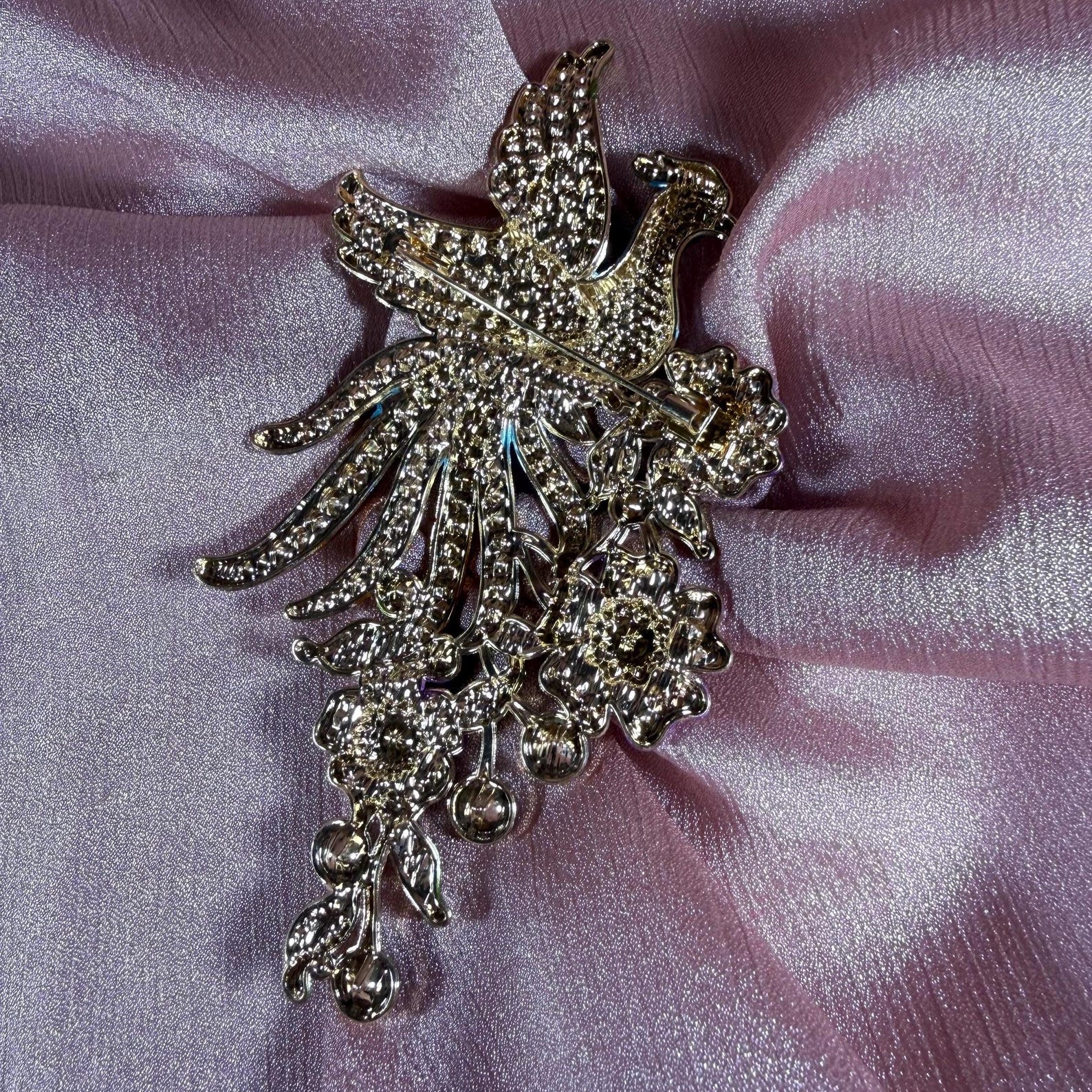 Peacock Brooch Pin with Flowers