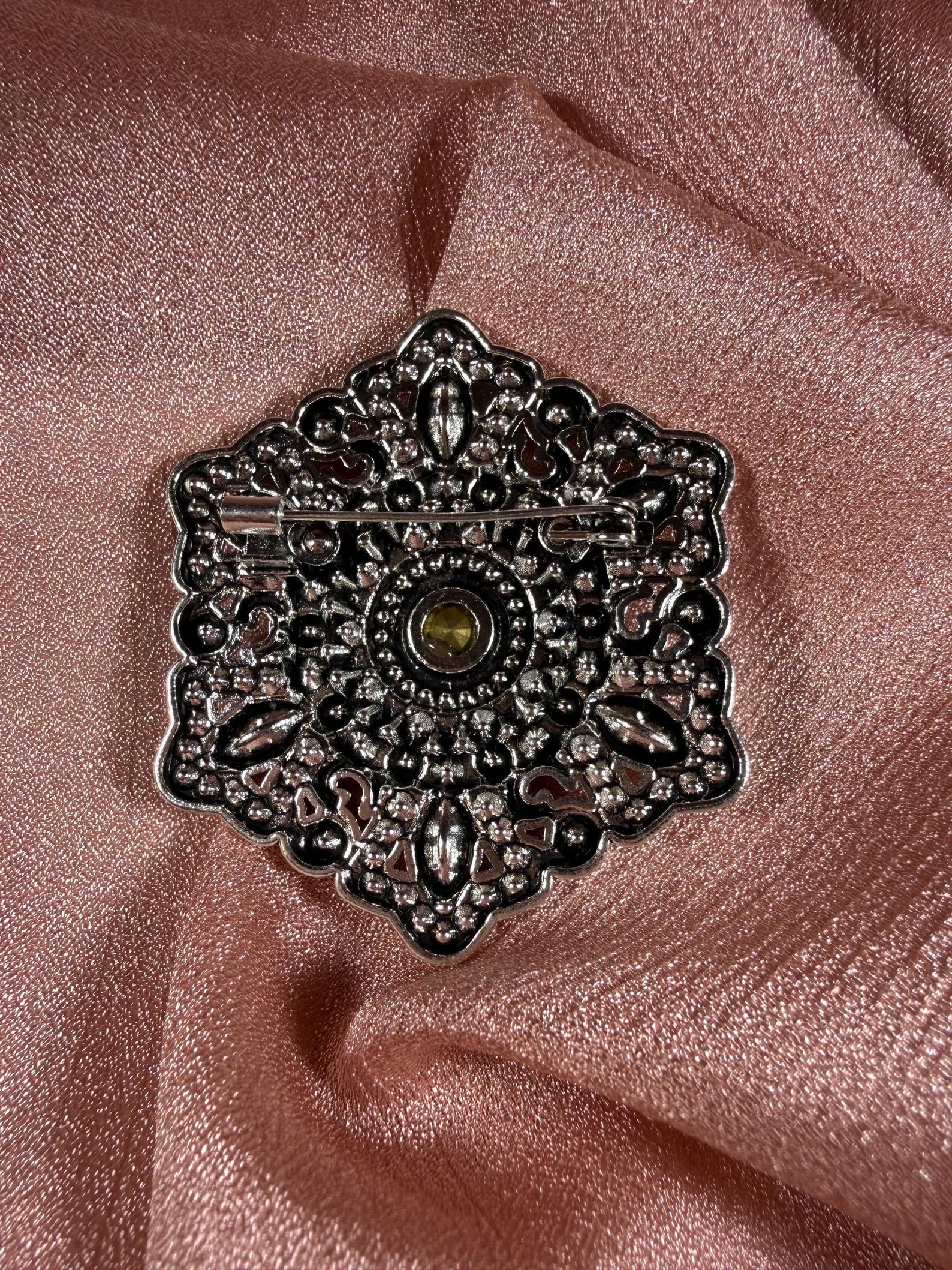 Art Deco Brooch | Red Crystal Green Enamel Rhinestone Silver Tone Pin