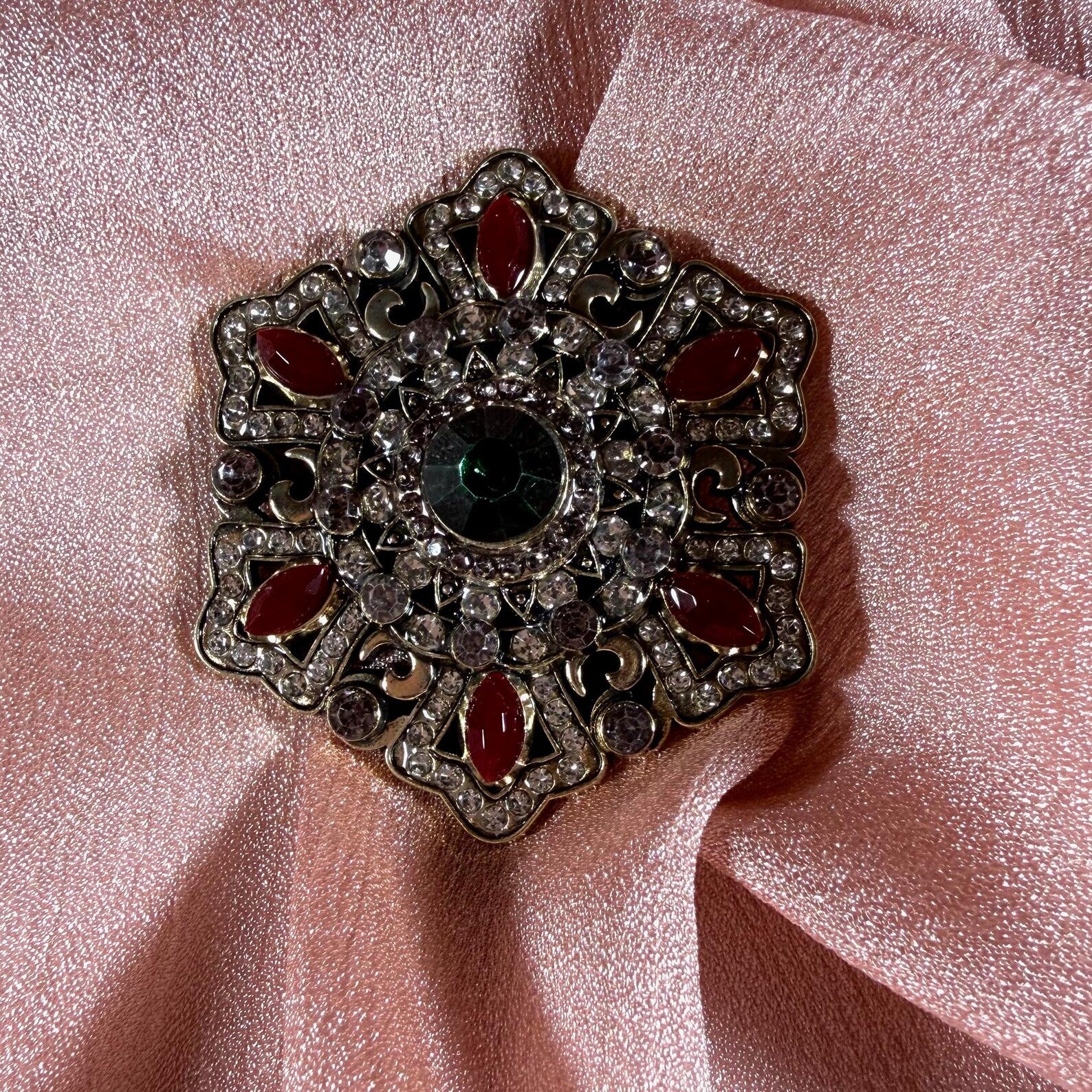 Art Deco Brooch | Green Crystal Red Enamel Rhinestone Gold Tone Pin