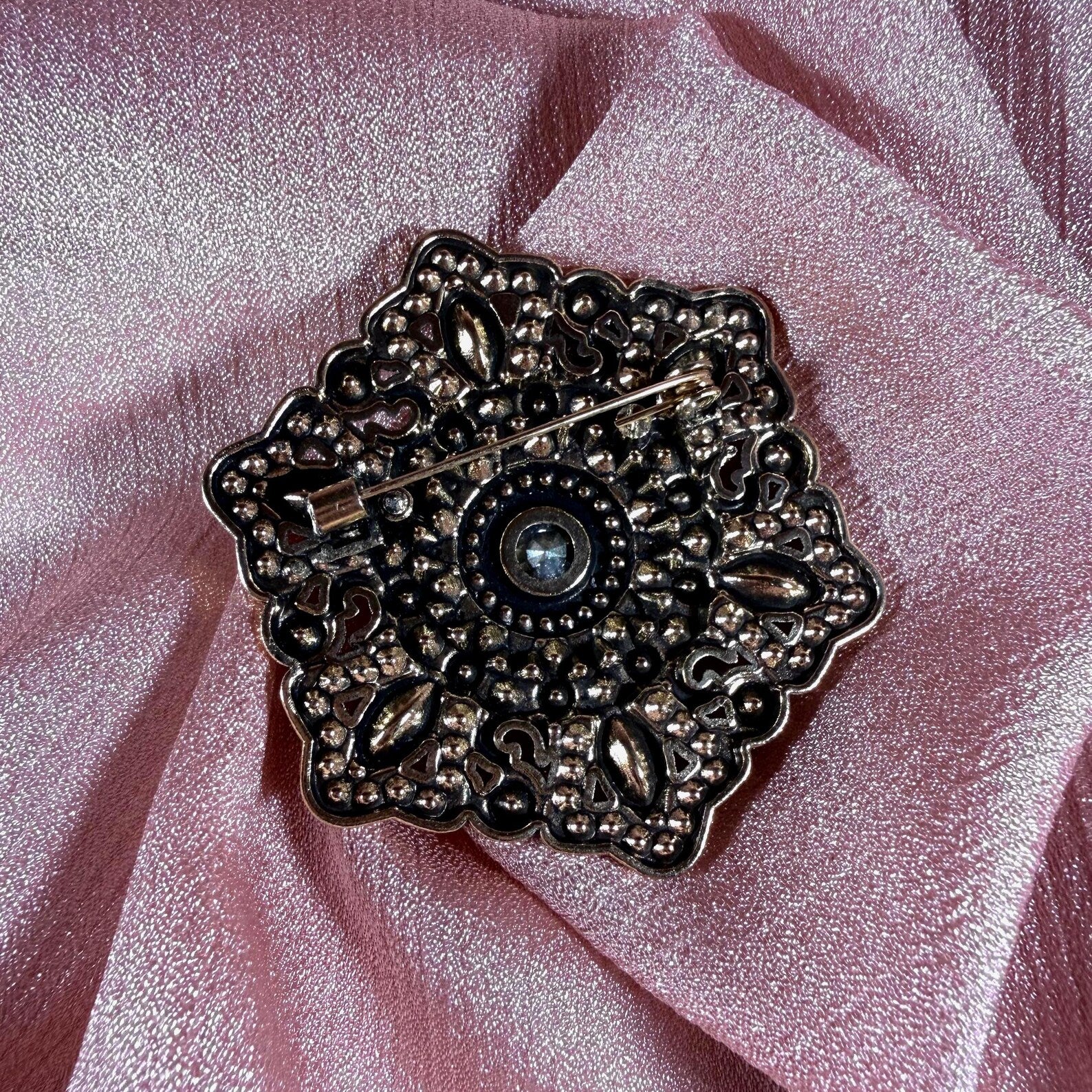 Art Deco Brooch | Green Crystal Red Enamel Rhinestone Gold Tone Pin