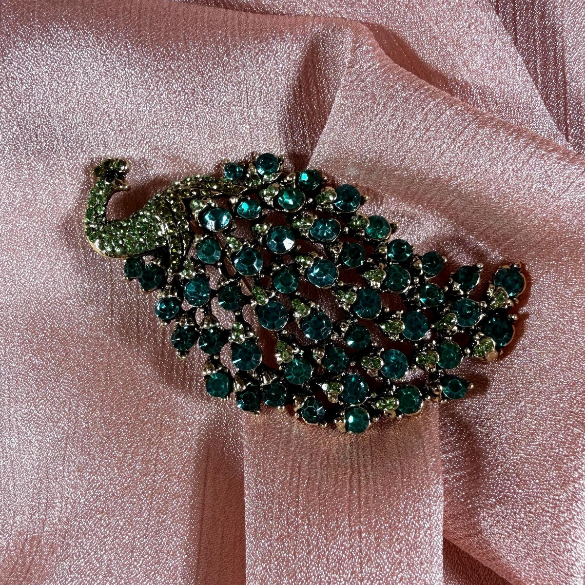 Peacock Brooch | Teal & Olive Green Rhinestone Crystal Silver Tone Pin