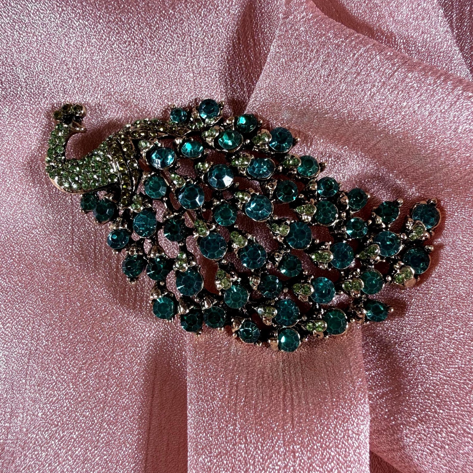 Peacock Brooch | Teal & Olive Green Rhinestone Crystal Silver Tone Pin