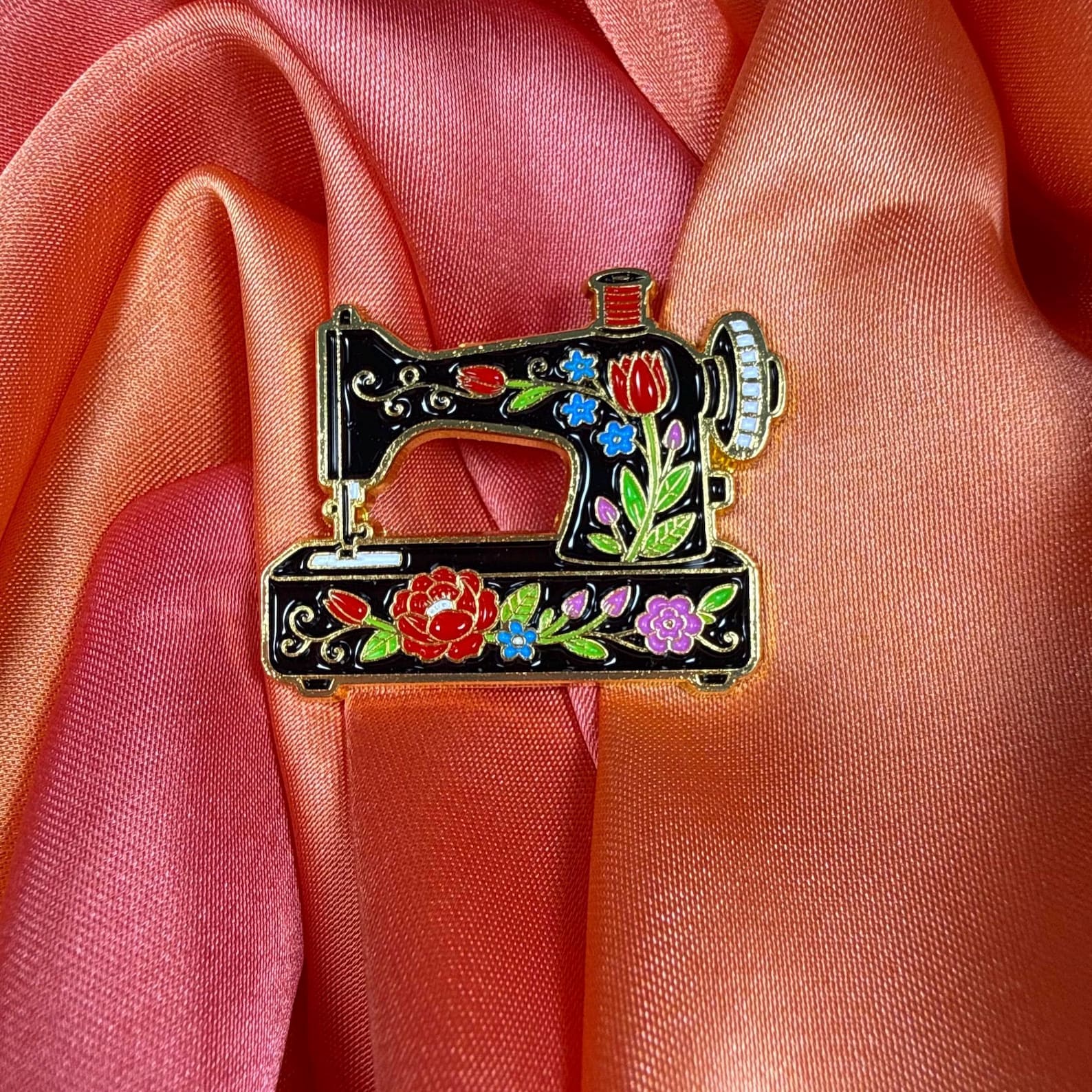 Black Floral Sewing Machine Enamel Pin Badge | Pincredible