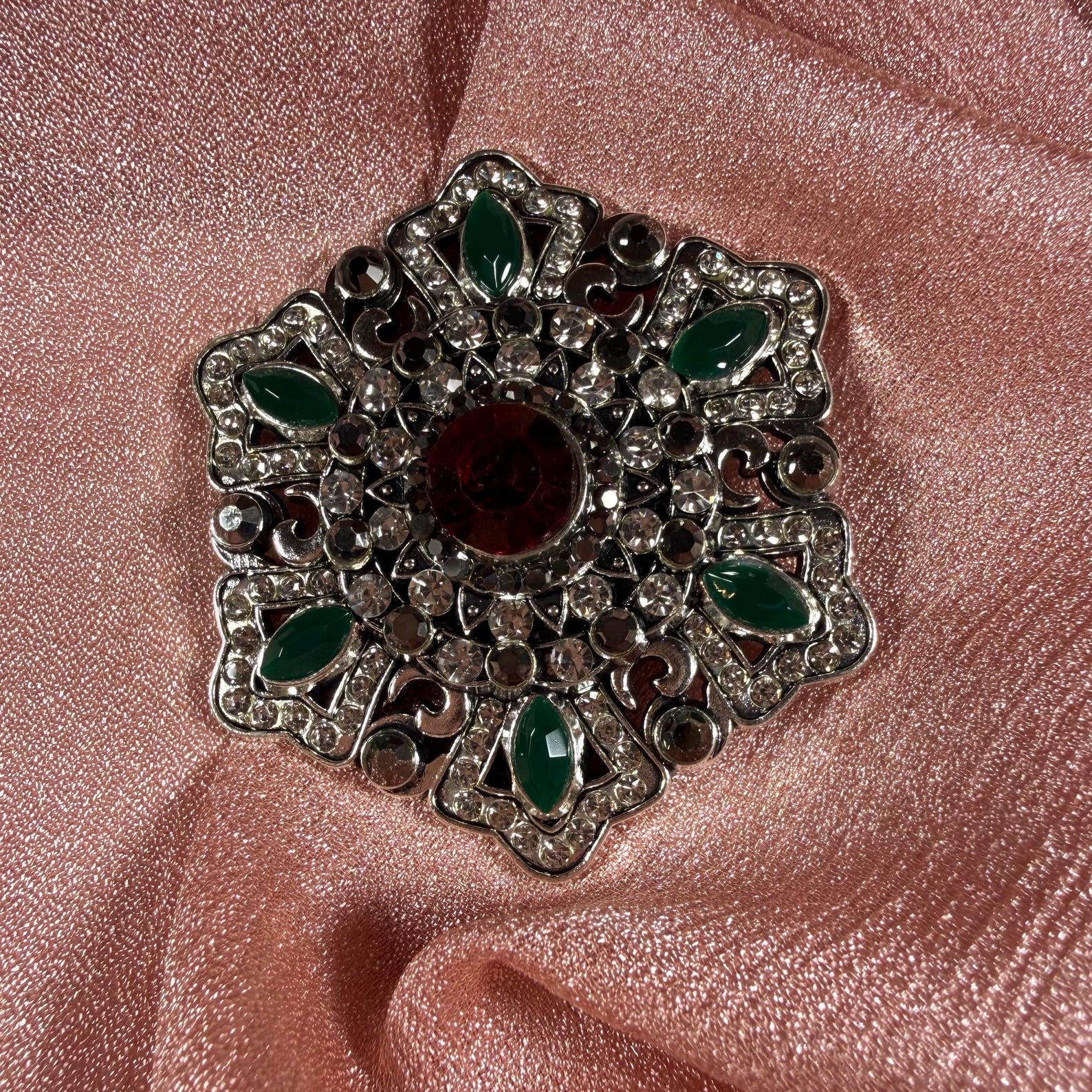 Art Deco Brooch | Red Crystal Green Enamel Rhinestone Silver Tone Pin