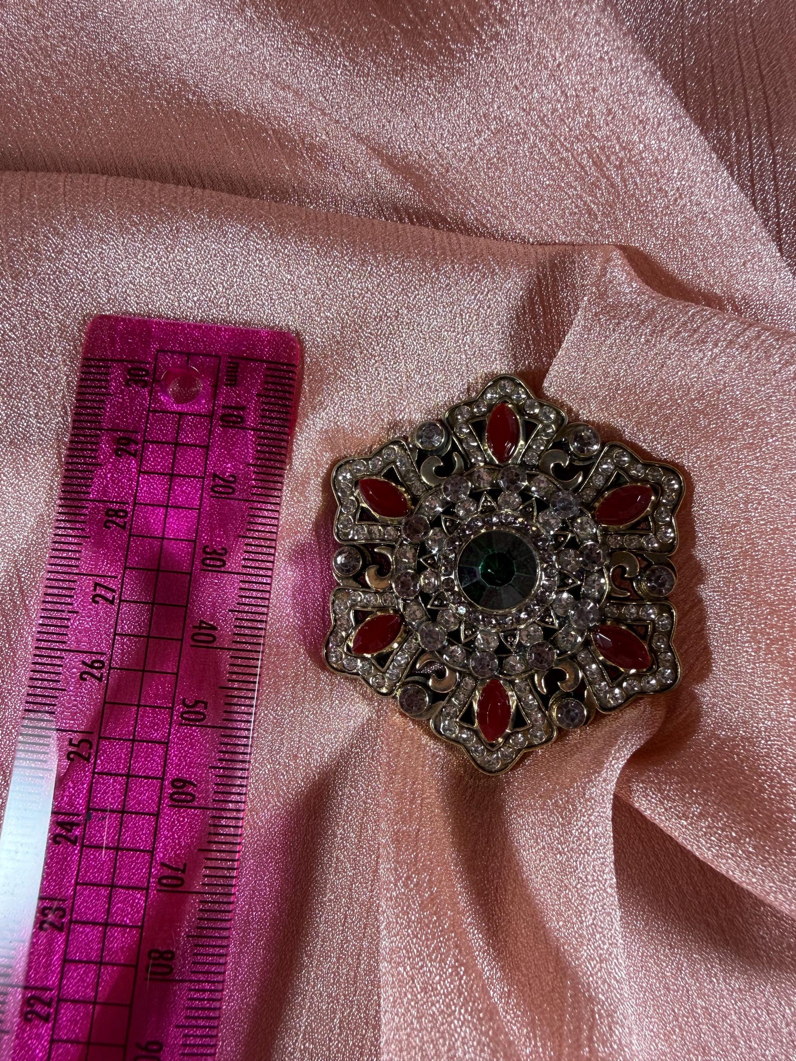 Art Deco Brooch | Red Crystal Green Enamel Rhinestone Silver Tone Pin