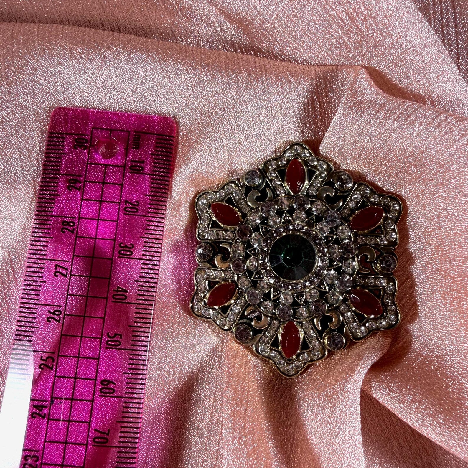 Art Deco Brooch | Green Crystal Red Enamel Rhinestone Gold Tone Pin