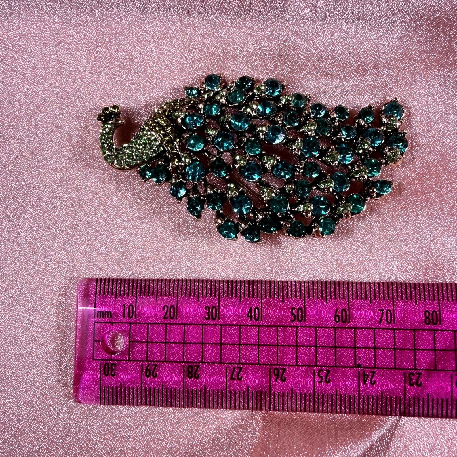 Peacock Brooch | Teal & Olive Green Rhinestone Crystal Silver Tone Pin