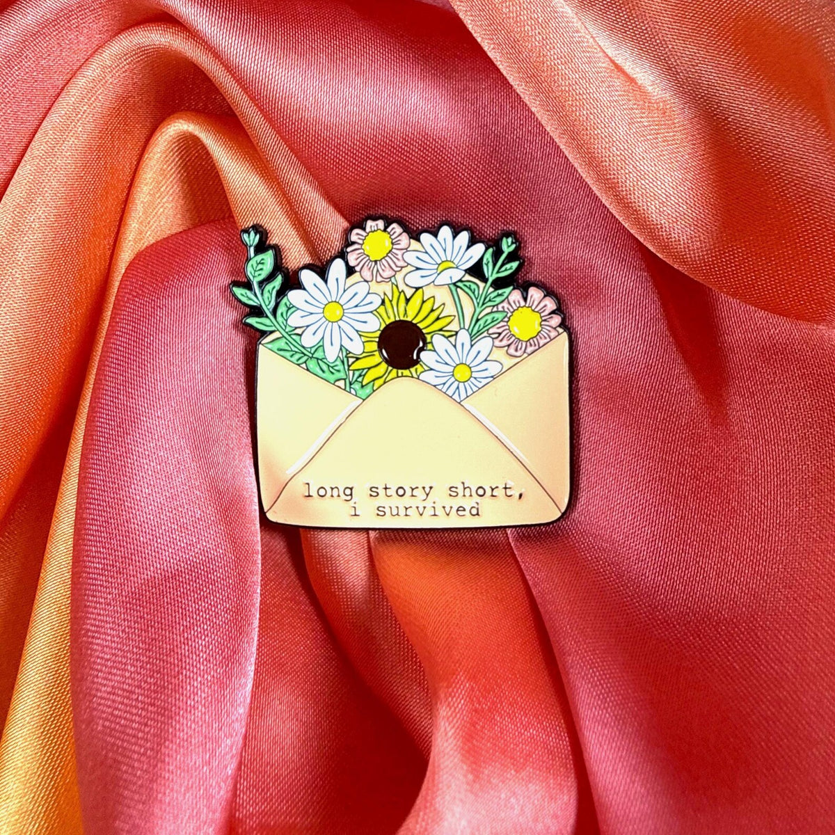 Long Story Short I Survived Floral Envelope Enamel Pin Badge | Pincredible